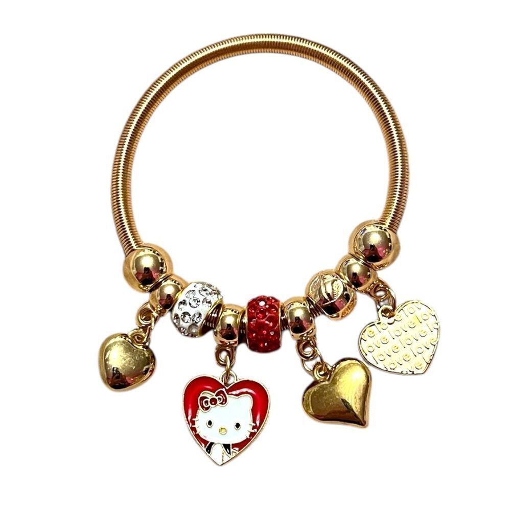 Hello Kitty Hearts Red And White Rhinestone Gold Tone Kids’ Charm Br…